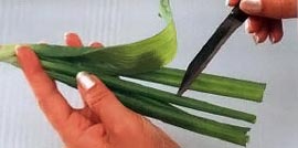 Чтобы сделать листья, разрежьте перышки лука 
